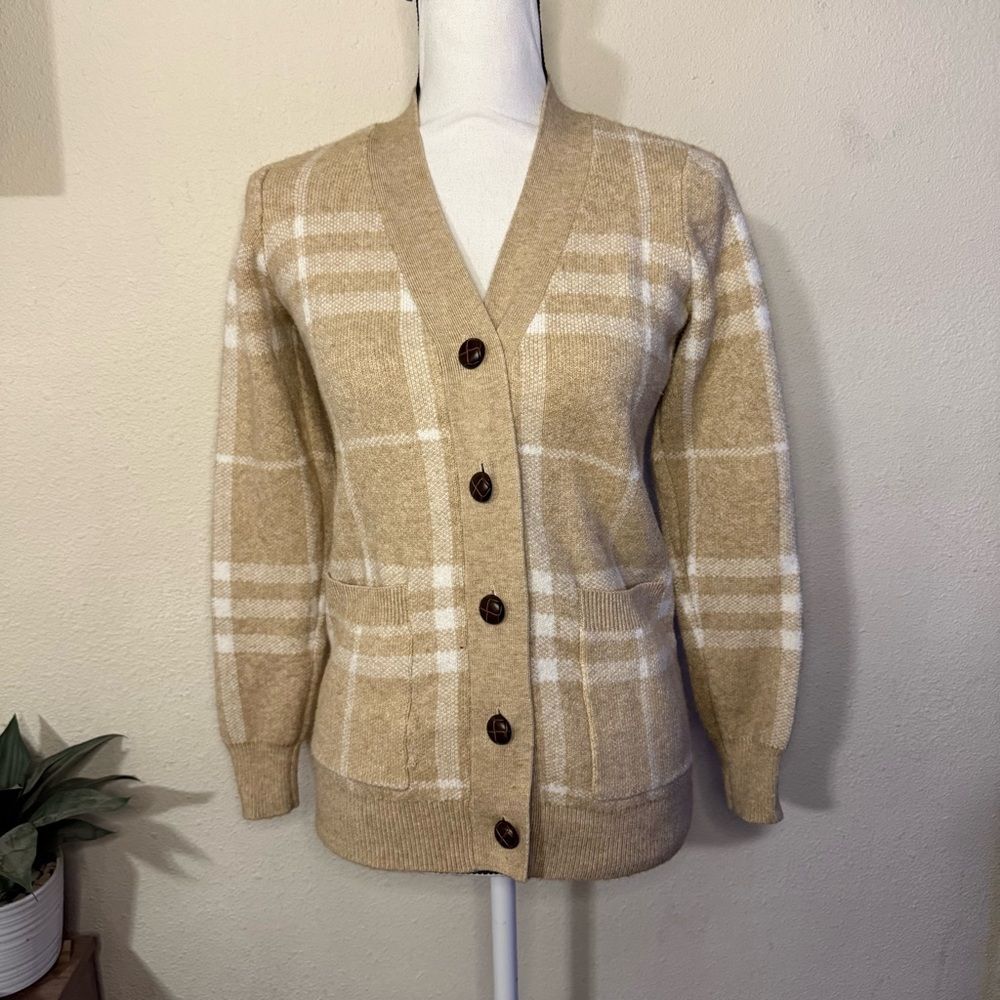 Cyrus Tan Plaid Button-Up Cardigan Sweater